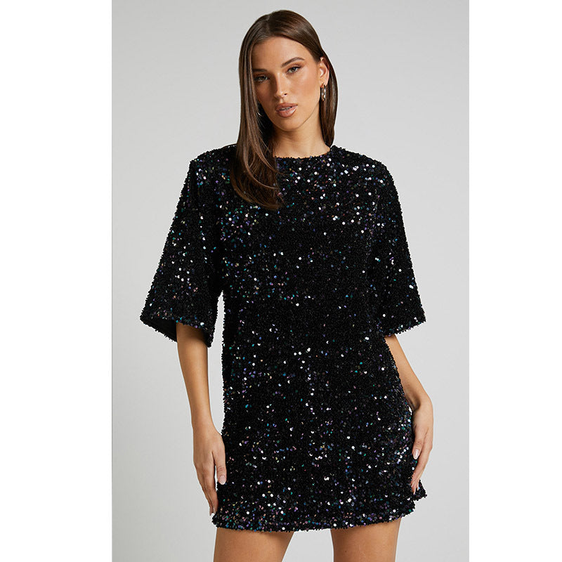 Velvet Sequin Short Sleeve Dress