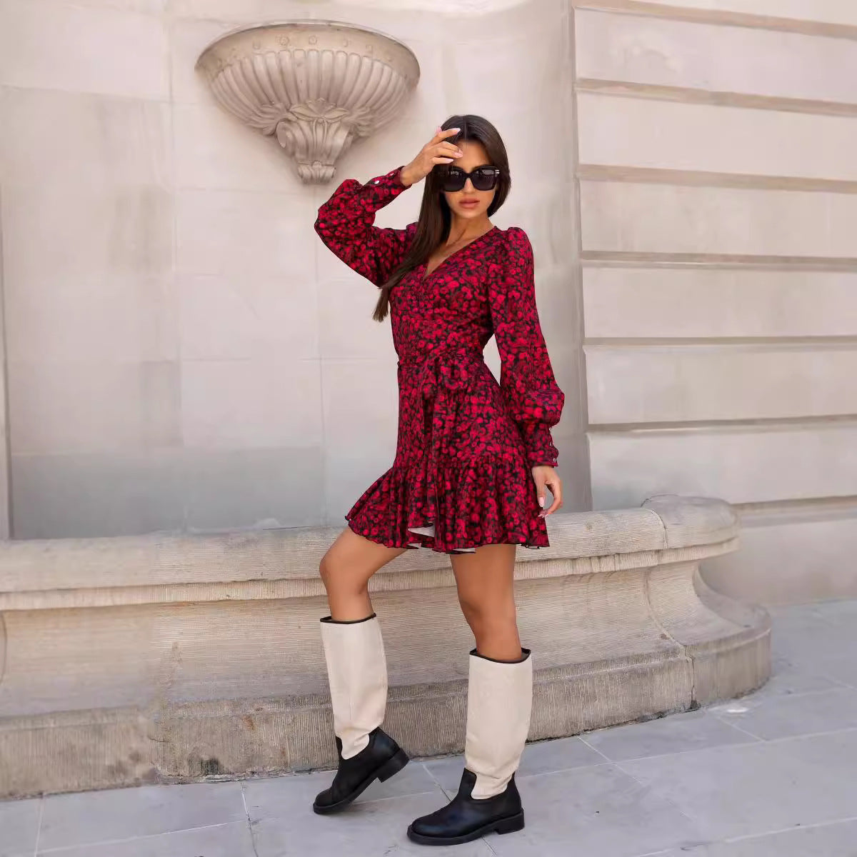 Autumn Printed V neck Long Sleeve Ruffles Dress
