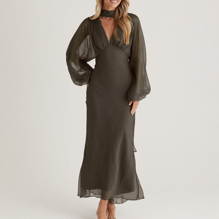 Scarf V neck Long Sleeve Narrow Maxi Dress