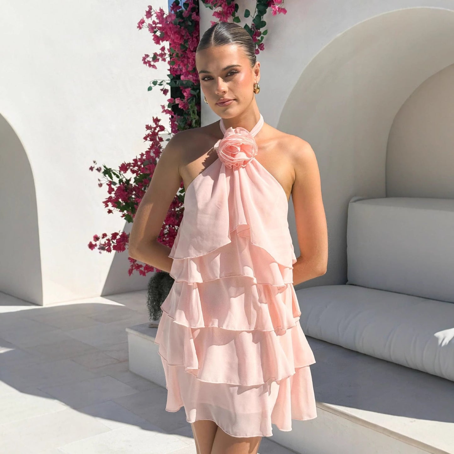 Backless Halter Three Dimensional Ruffled Dress
