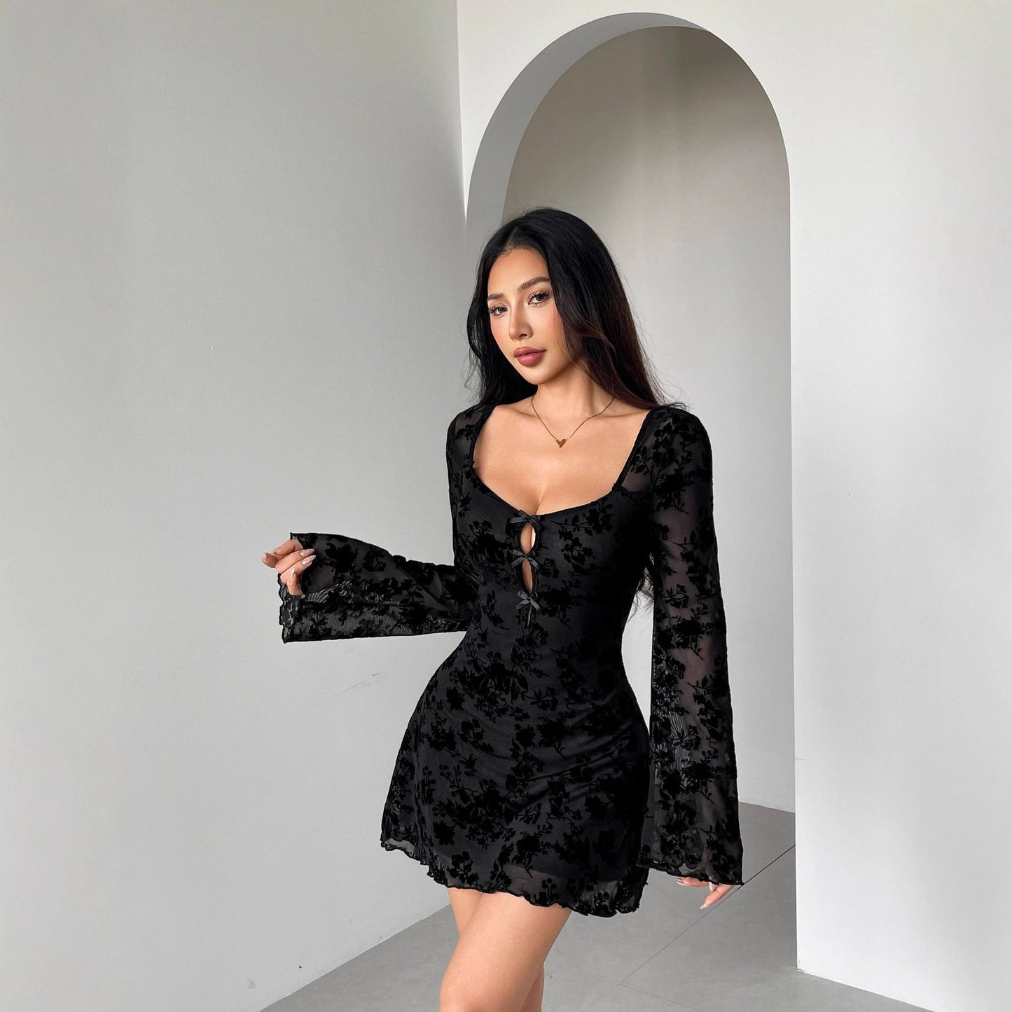 Floral Hollow Out Cutout Bow Dress