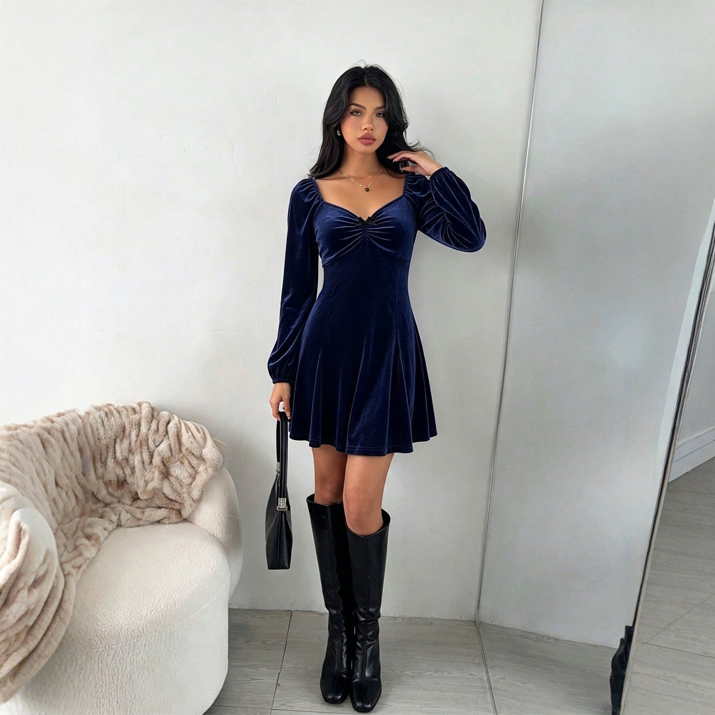 V neck Velvet Waist Slimming A line Dress
