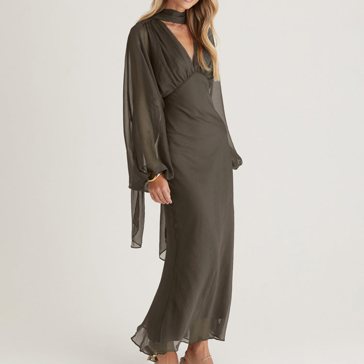 Scarf V neck Long Sleeve Narrow Maxi Dress