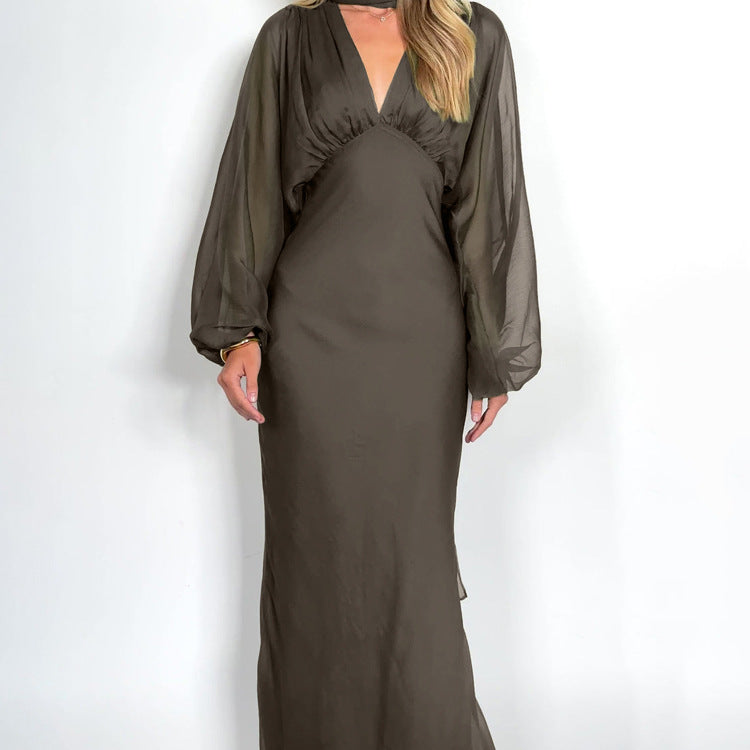 Scarf V neck Long Sleeve Narrow Maxi Dress