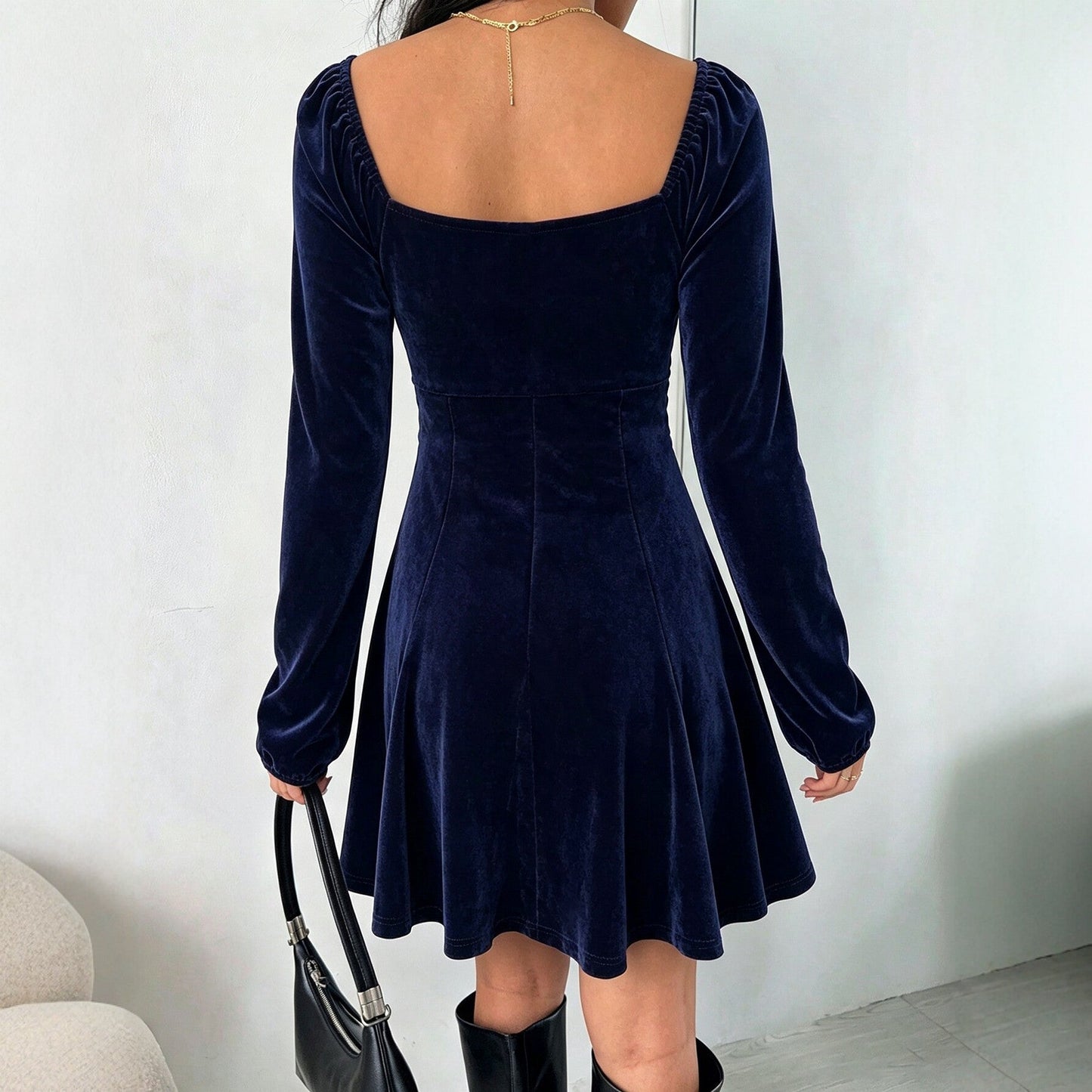 V neck Velvet Waist Slimming A line Dress