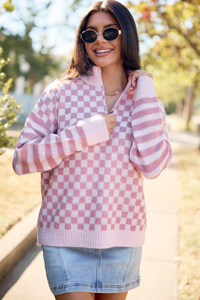 Daydream State Pink Checkered Quarter Zip Sweater