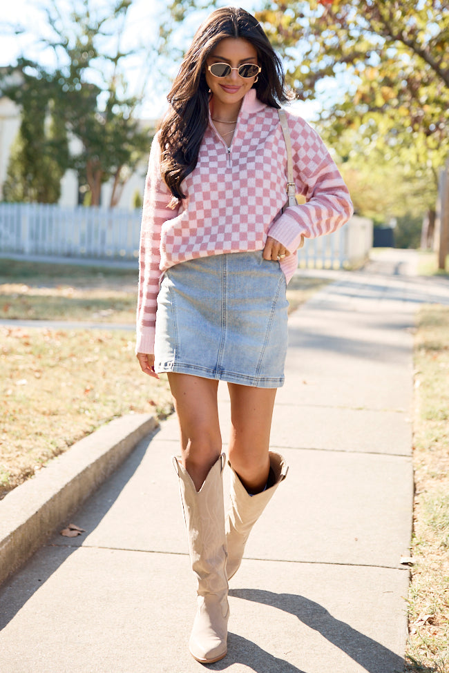 Daydream State Pink Checkered Quarter Zip Sweater