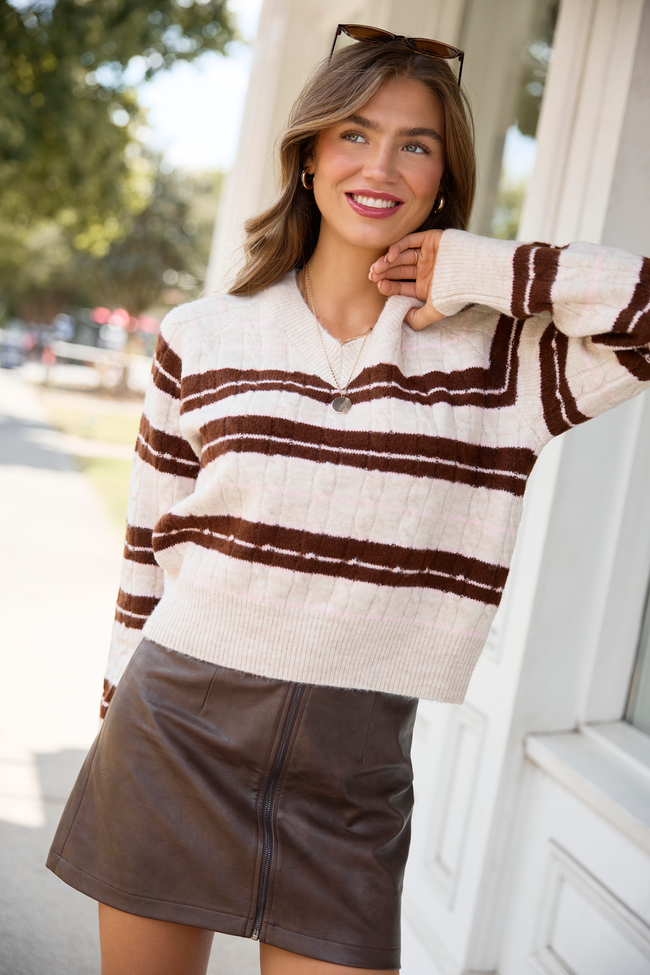 All The Better Beige V Neck Striped Sweater