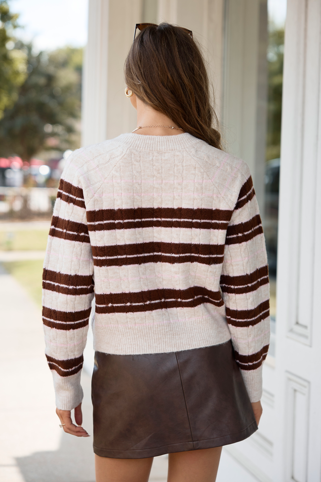 All The Better Beige V Neck Striped Sweater
