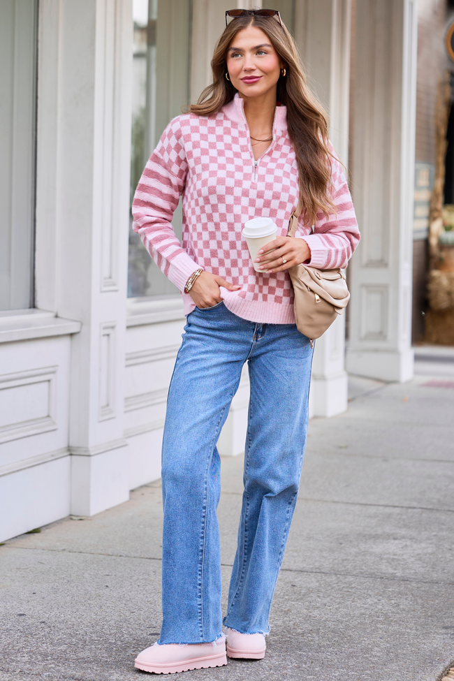Daydream State Pink Checkered Quarter Zip Sweater
