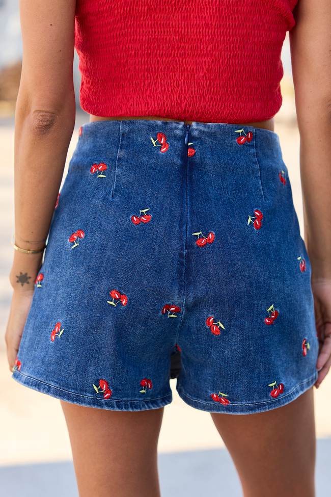 My Favorite Dark Wash Cherry Embroidered Side Slit Denim Skort