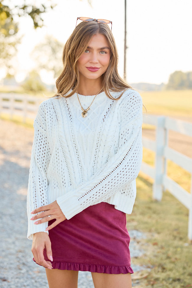 Signature Style Cable Knit Crew Neck Sweater - White