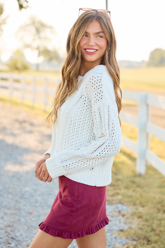 Signature Style Cable Knit Crew Neck Sweater - White
