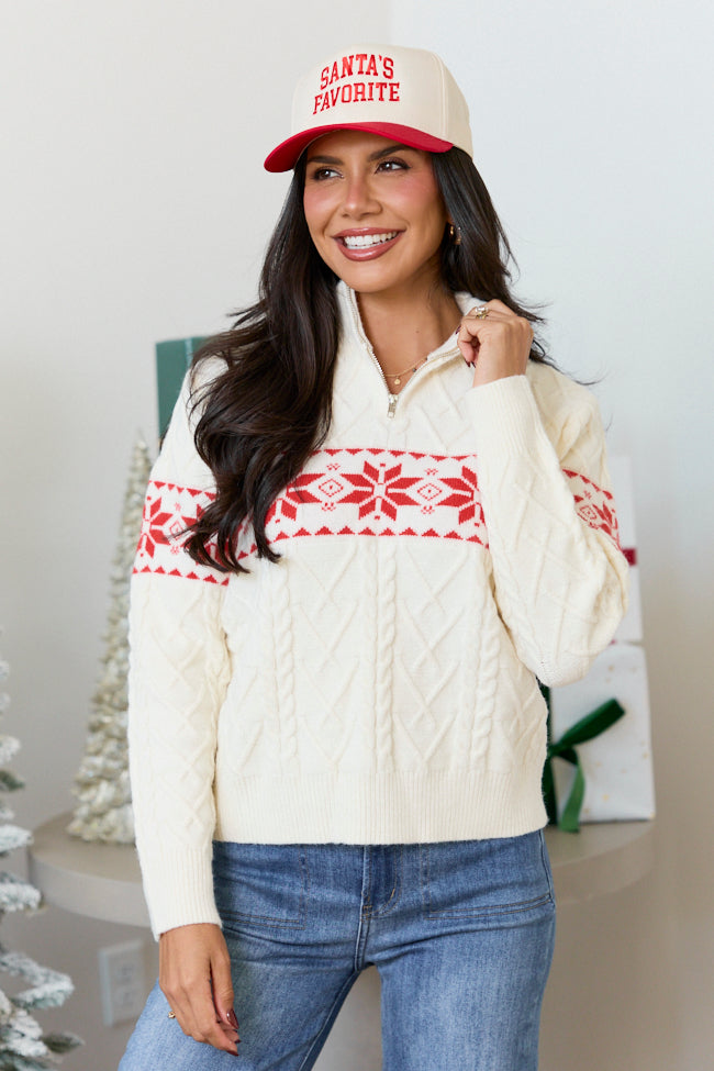 Holiday Happiness Cream Fair Isle Quarter Zip Sweater