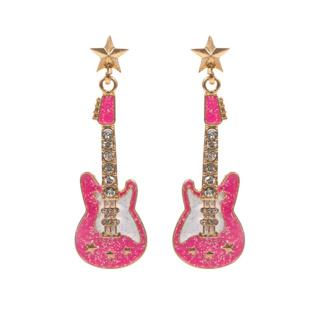 Stone Embellished Glittered Enamel Guitar Dangle Earrings