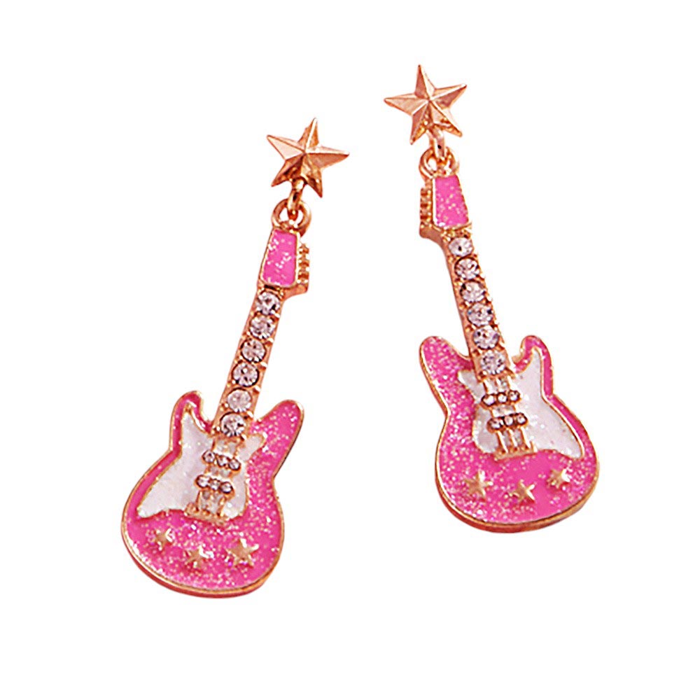 Stone Embellished Glittered Enamel Guitar Dangle Earrings