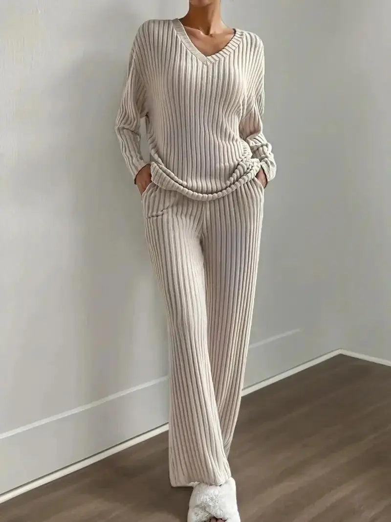 Ribbed Knit Set - V-Neck Sweater & Pants
