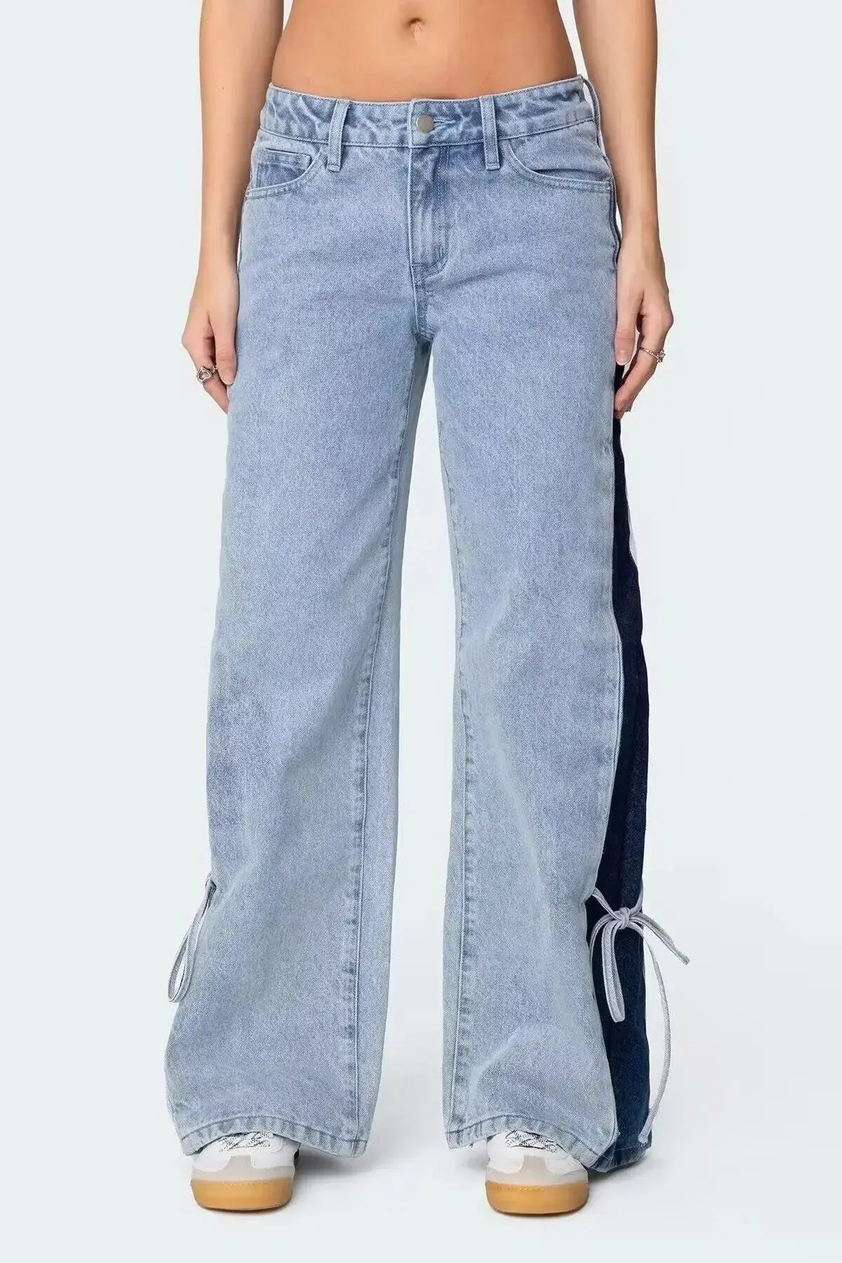 Patchwork Lace-Up Wide-Leg Trousers