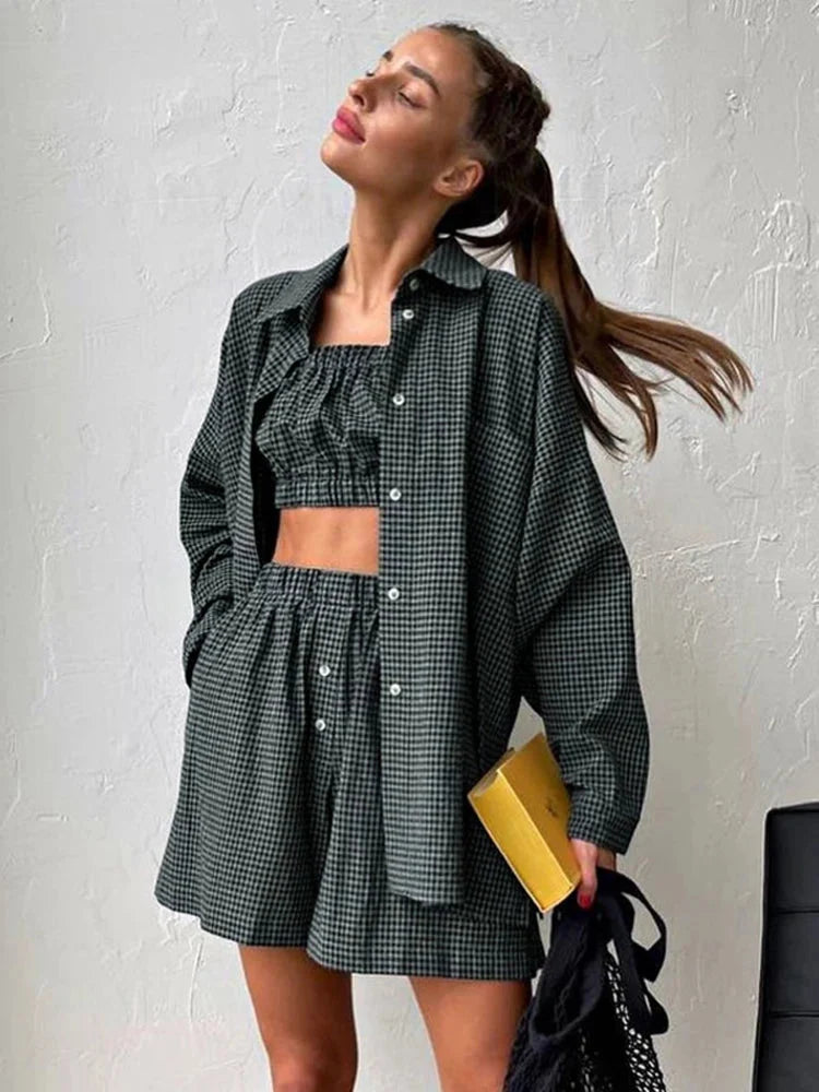 3-Piece Gray Plaid Cotton Lounge Set