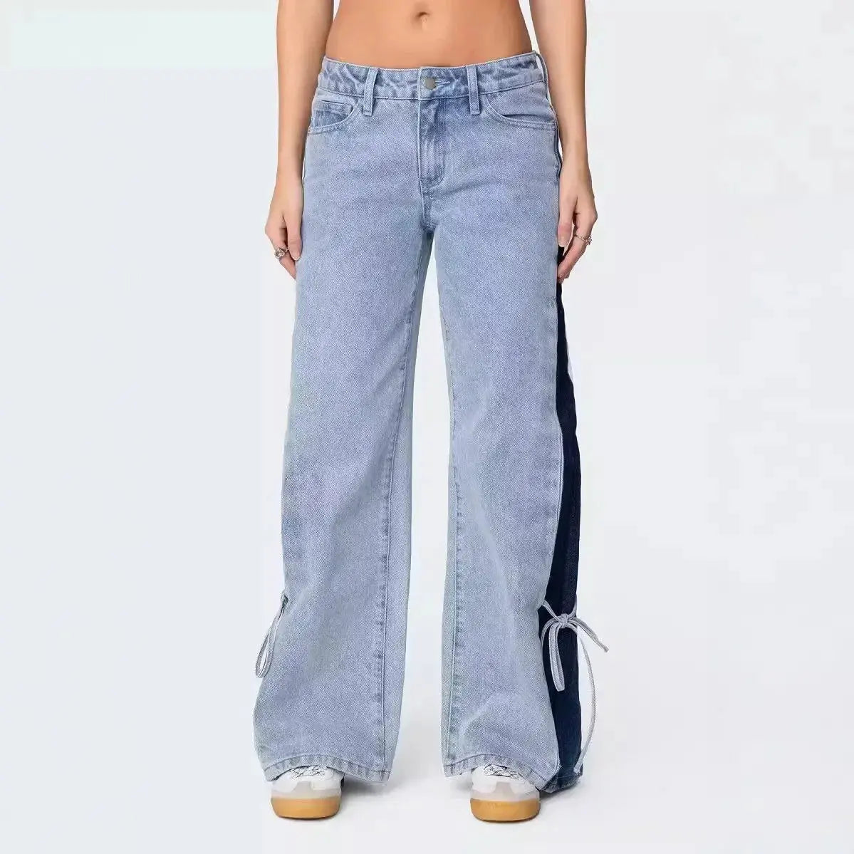 Patchwork Lace-Up Wide-Leg Trousers