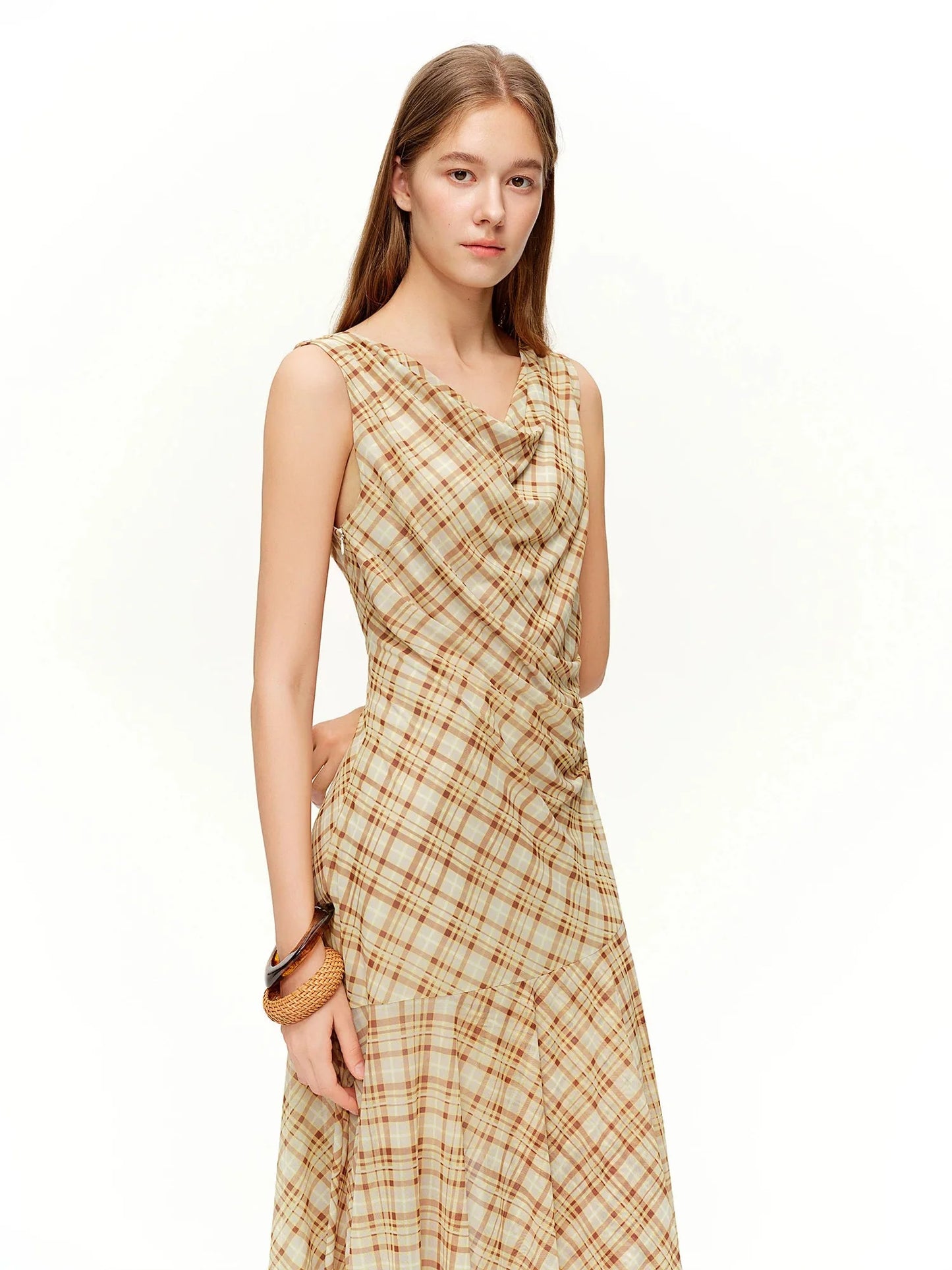 Brown Retro Plaid Mesh Maxi Dress