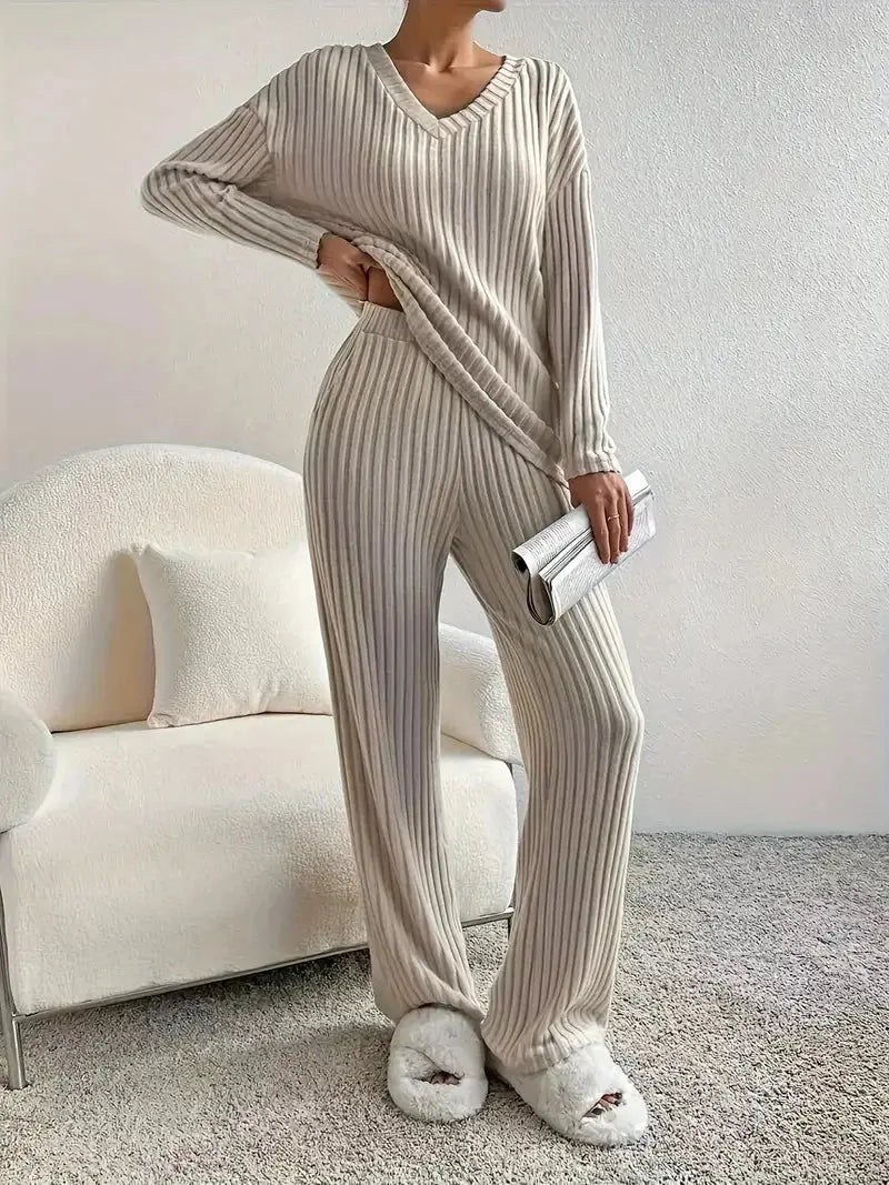 Ribbed Knit Set - V-Neck Sweater & Pants