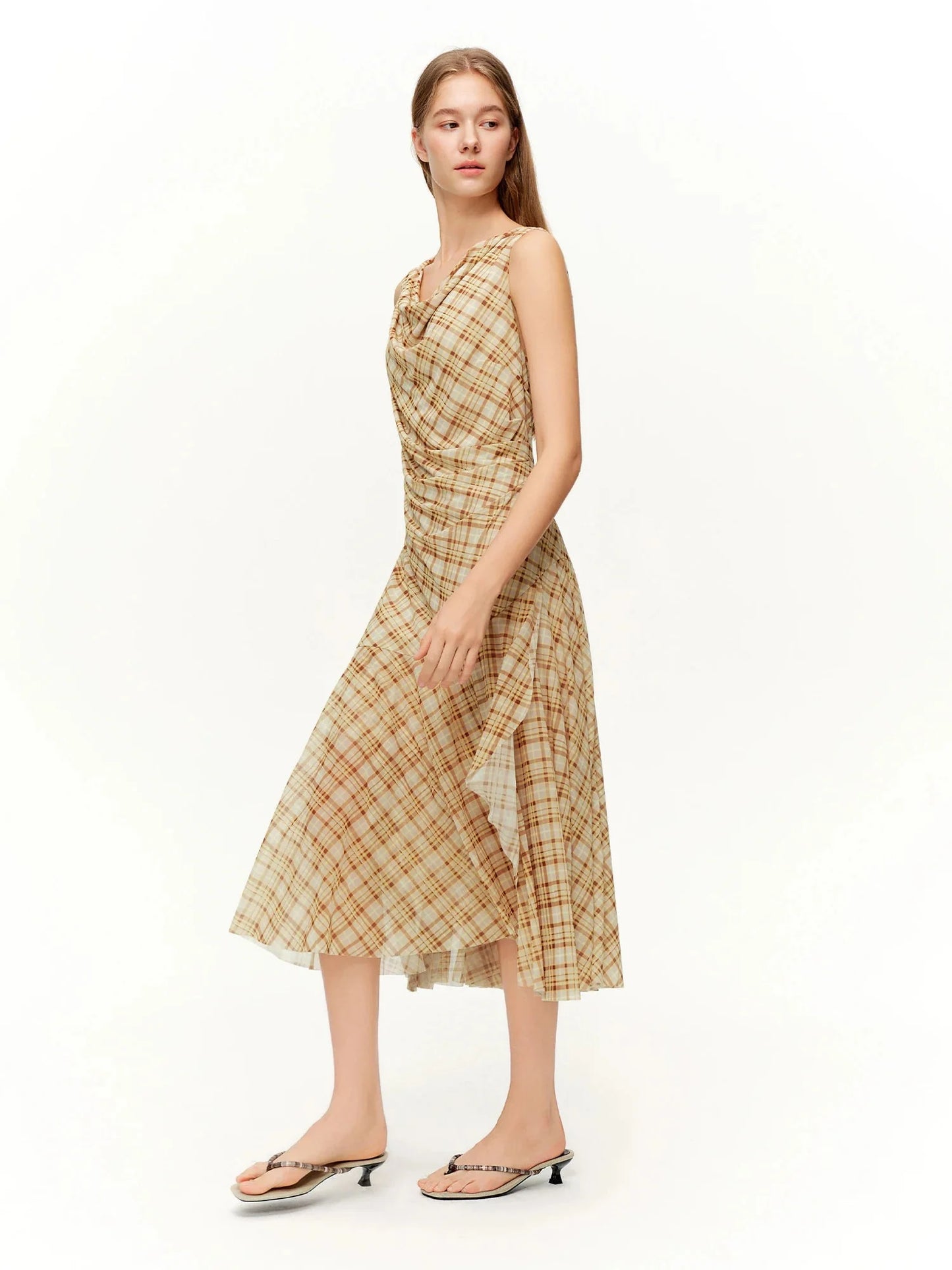Brown Retro Plaid Mesh Maxi Dress