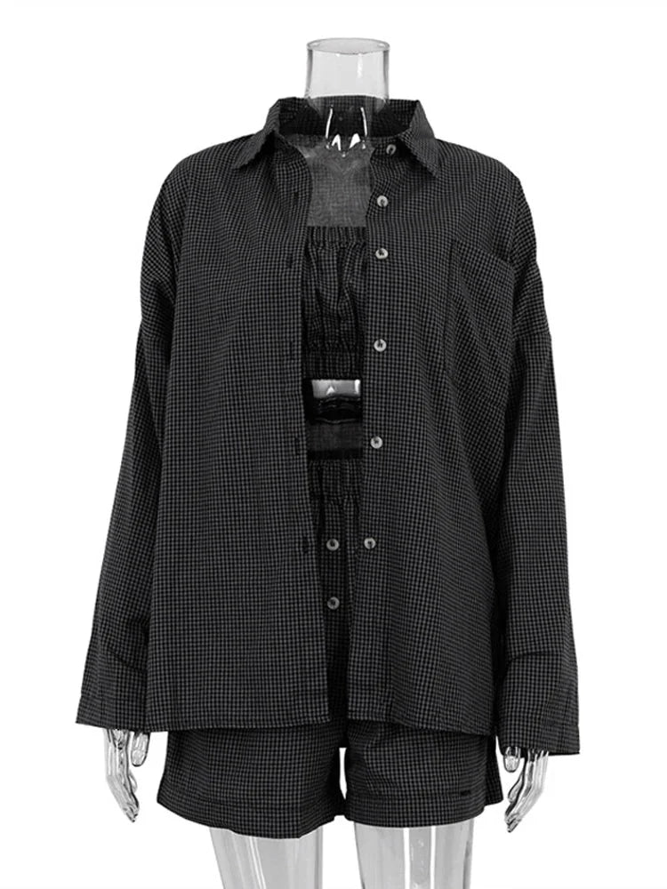 3-Piece Gray Plaid Cotton Lounge Set