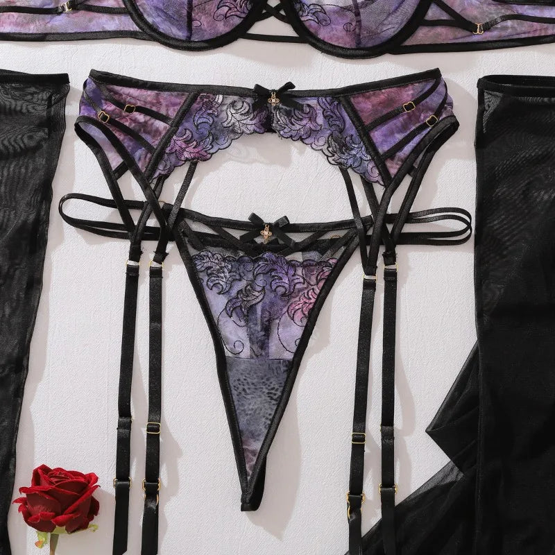 Contrasting Color Embroidery Lingerie Split Set
