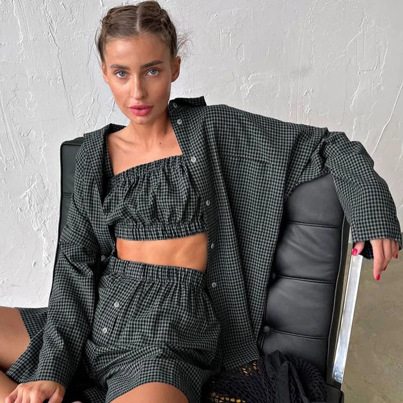 3-Piece Gray Plaid Cotton Lounge Set