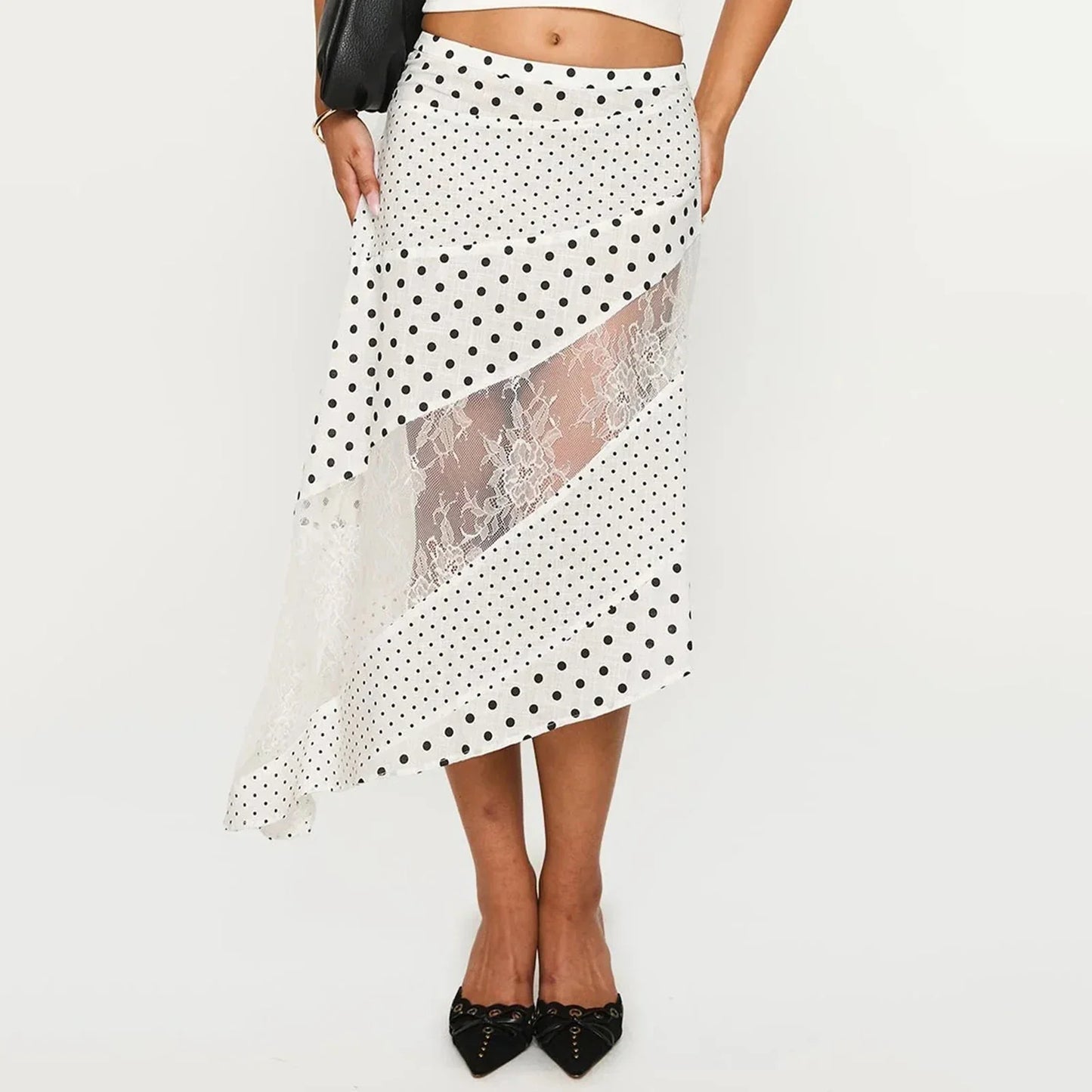 Lace Flowy Midi Skirt Vintage Low Waist