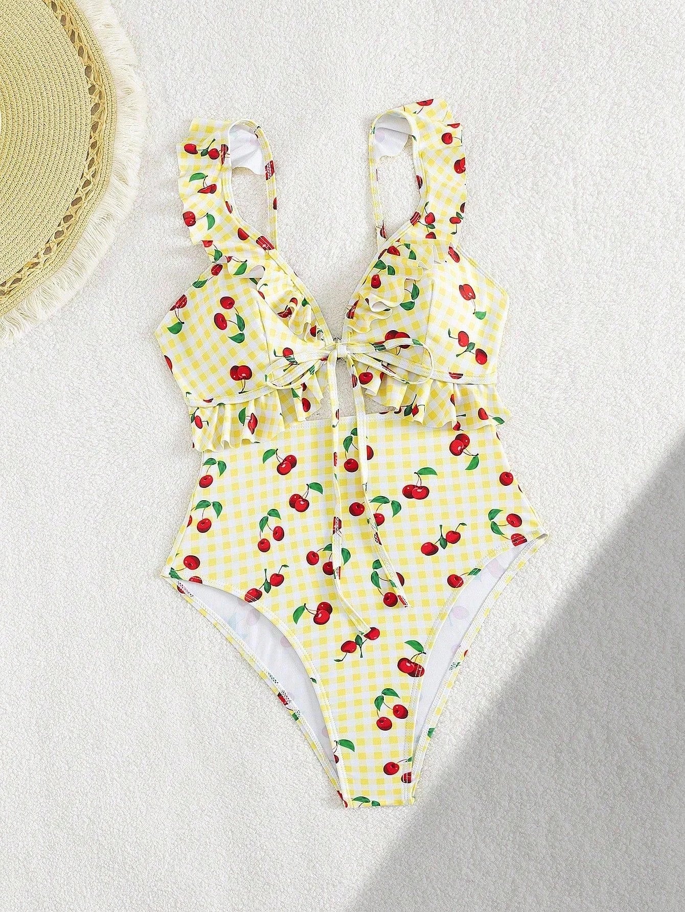 Vintage Pink Starberry Print One Piece Swimsuit