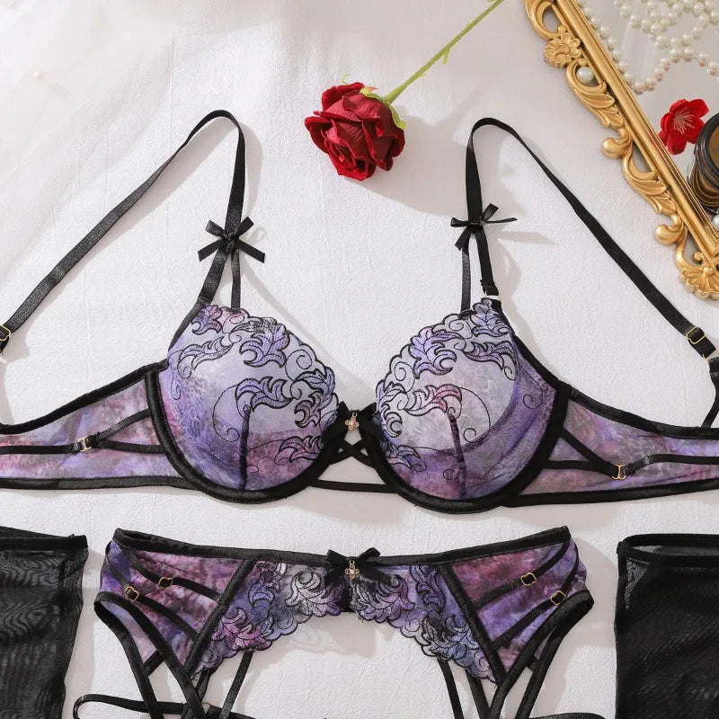 Contrasting Color Embroidery Lingerie Split Set