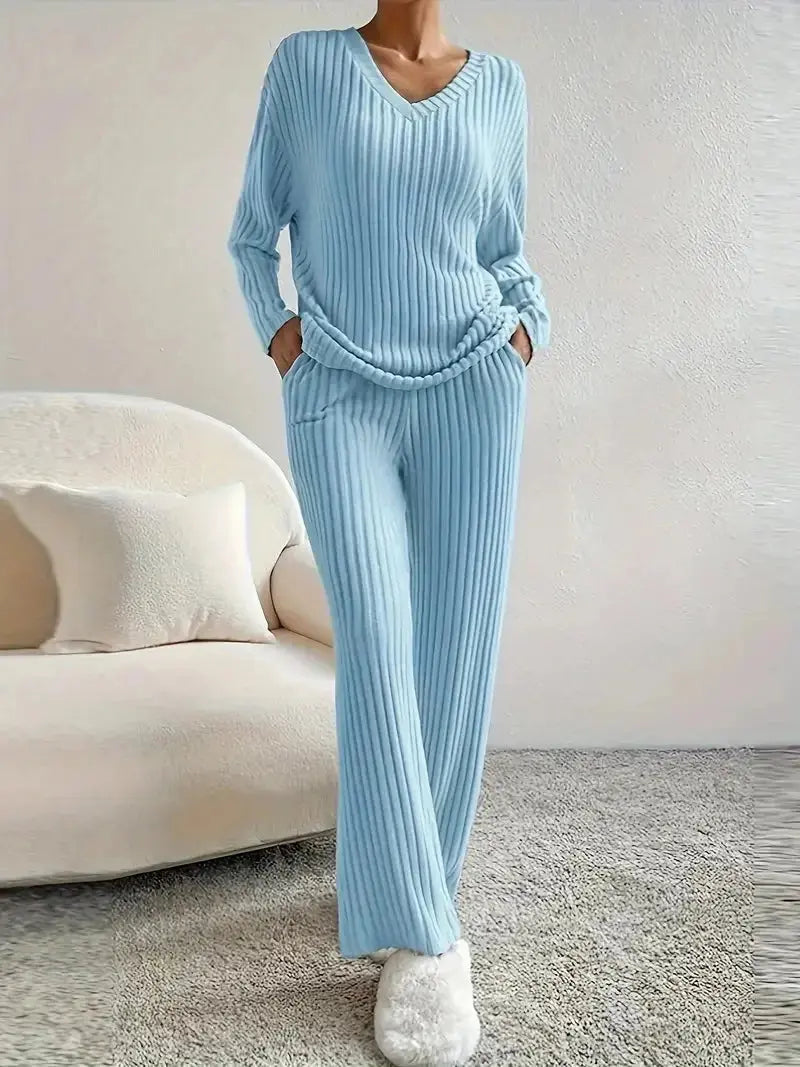 Ribbed Knit Set - V-Neck Sweater & Pants