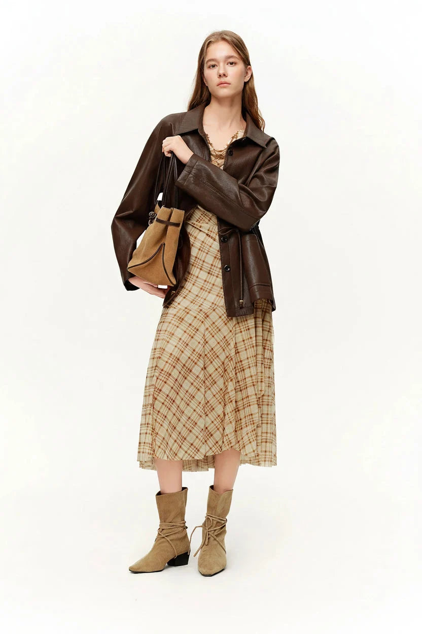 Brown Retro Plaid Mesh Maxi Dress