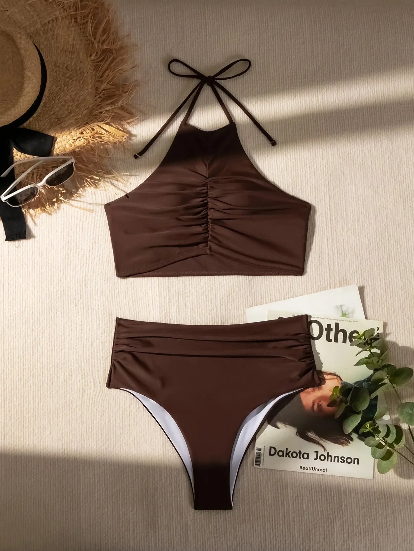 2026 Halter Wrinkled High Neck Swimsuit