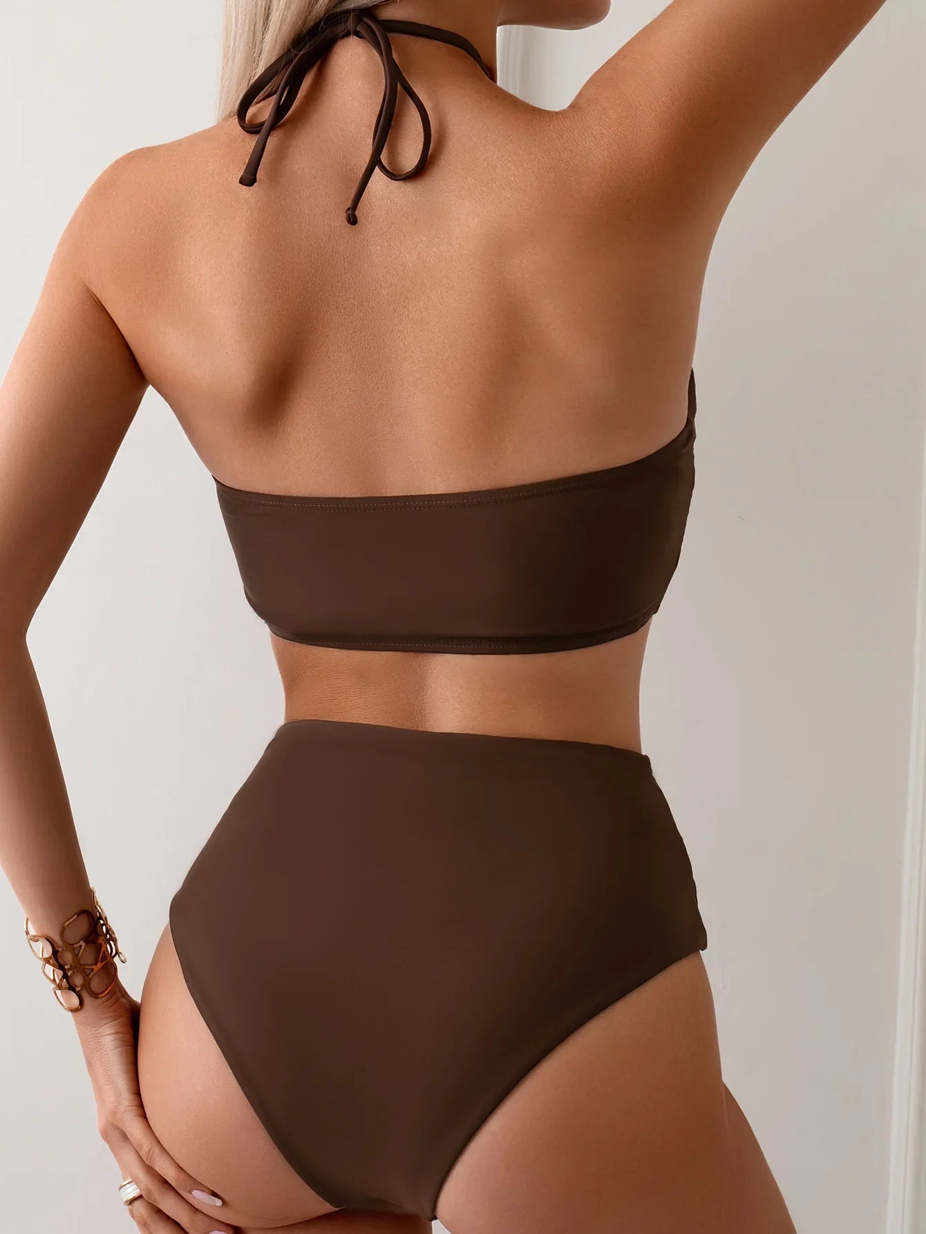 2026 Halter Wrinkled High Neck Swimsuit