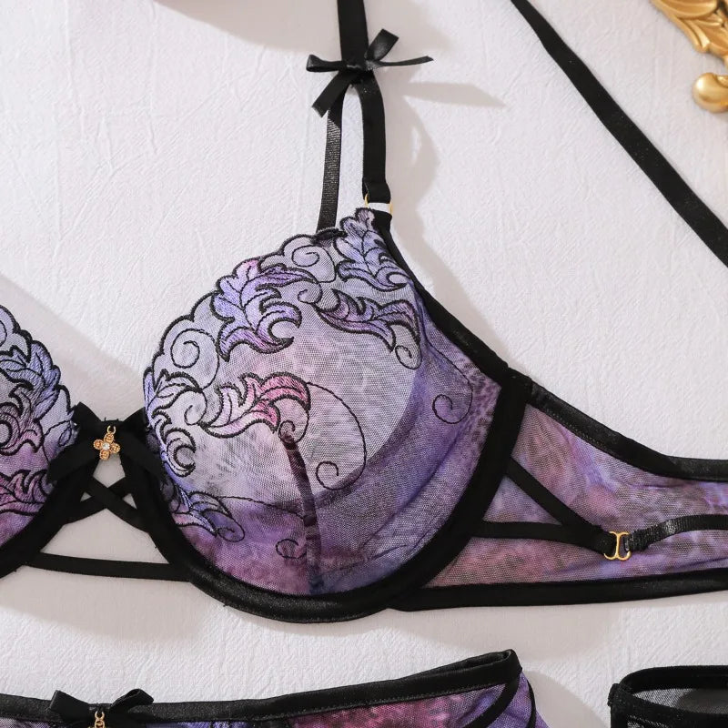 Contrasting Color Embroidery Lingerie Split Set