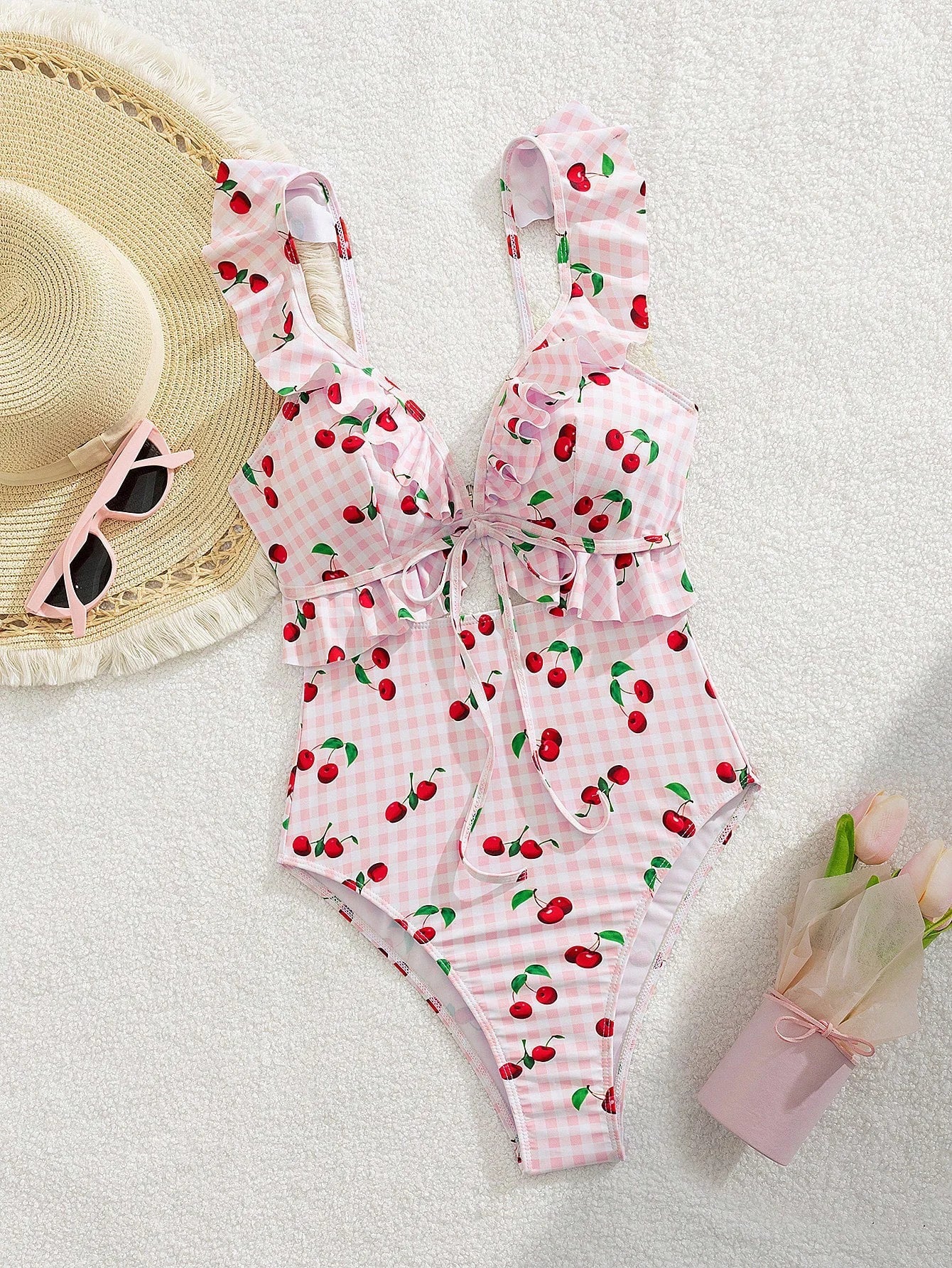 Vintage Pink Starberry Print One Piece Swimsuit