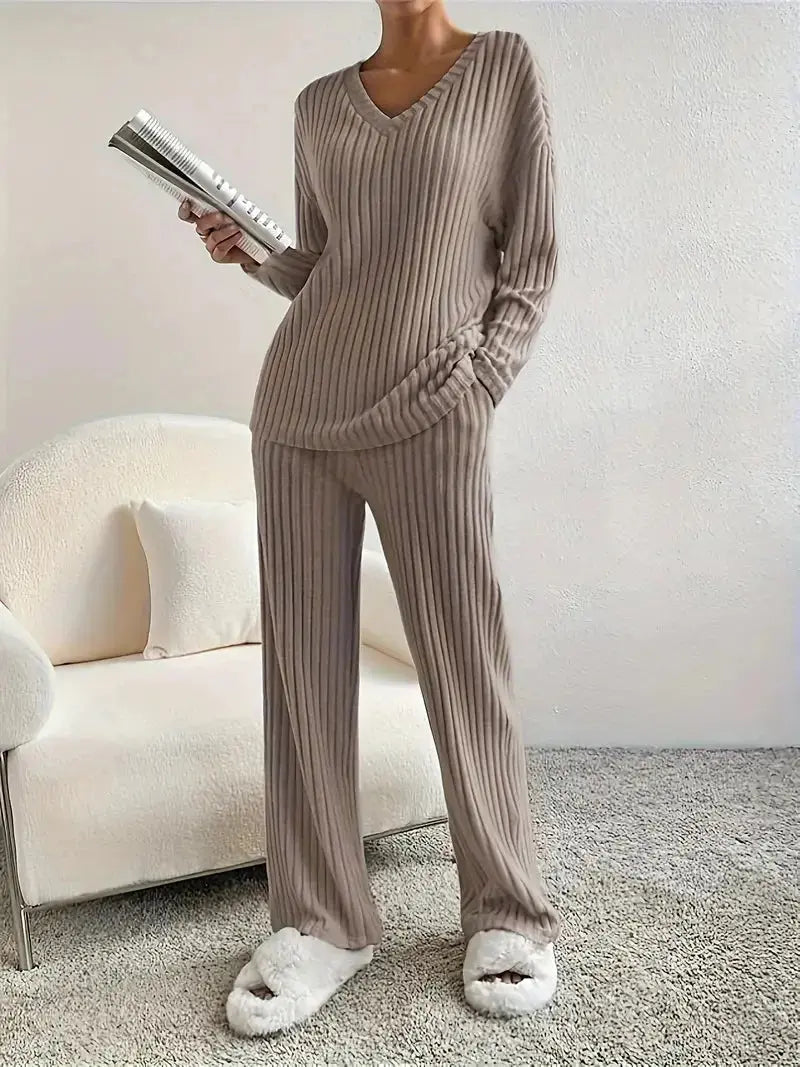 Ribbed Knit Set - V-Neck Sweater & Pants