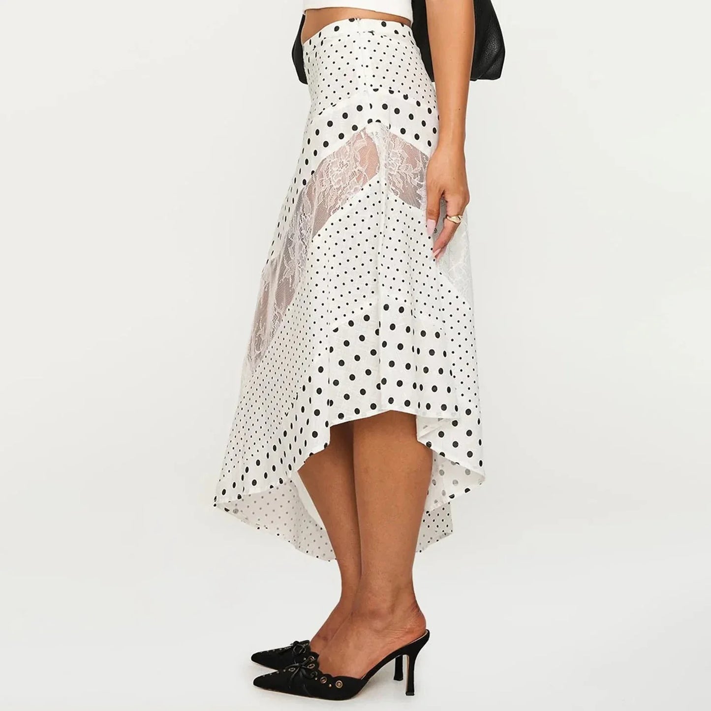 Lace Flowy Midi Skirt Vintage Low Waist