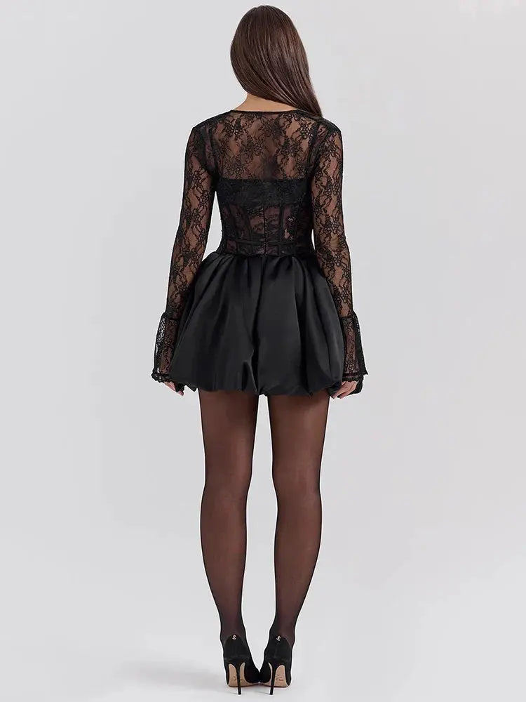 Black Lace Puff-Sleeve Mini Dress