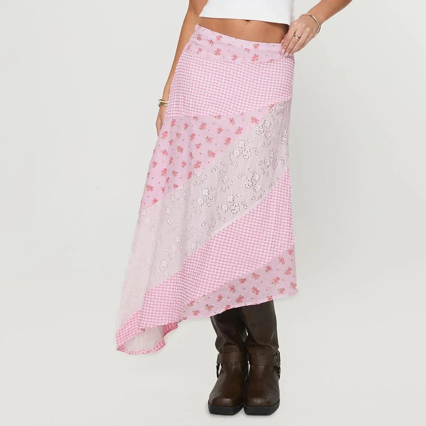 Lace Flowy Midi Skirt Vintage Low Waist