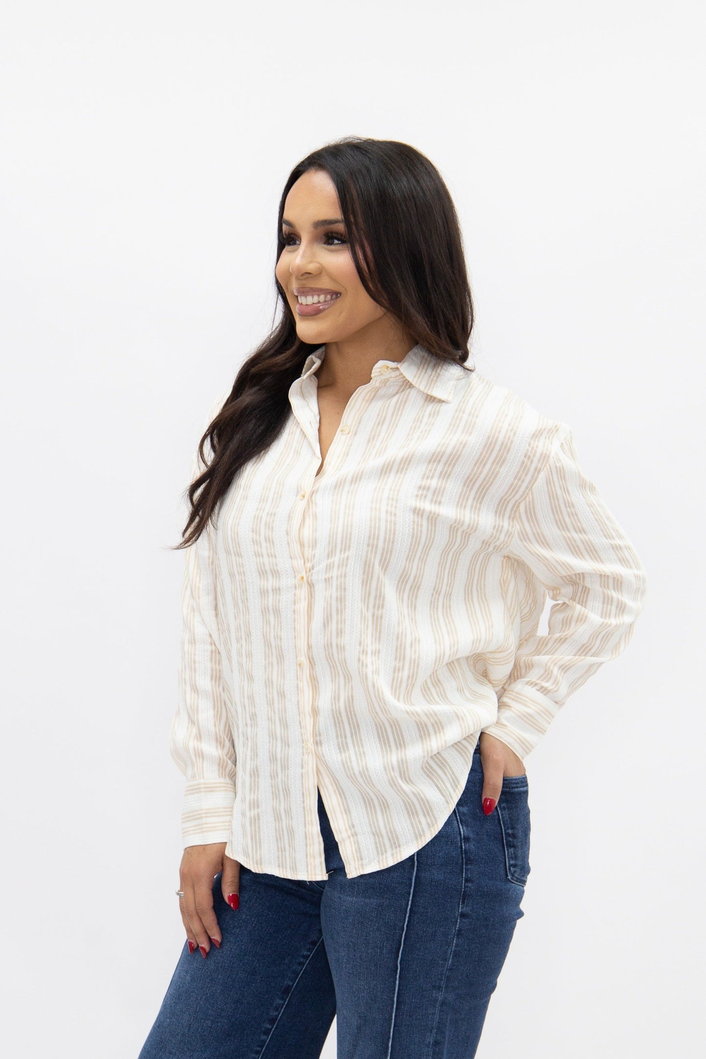 Kathryn Button-Up, Beige Stripes