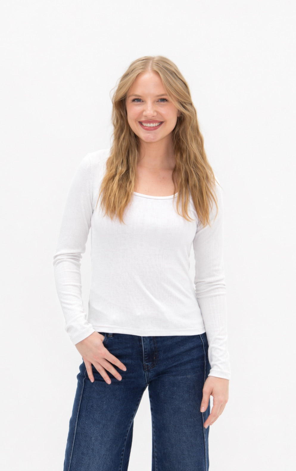 Square Neck Long Sleeve Top, White