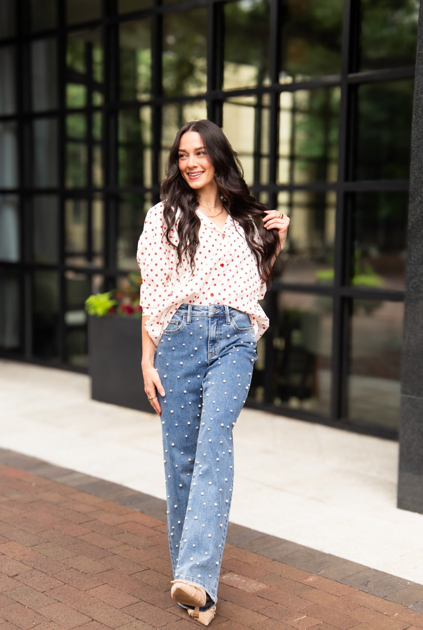 Kathryn Classic Button-Up, Red Polka-Dot