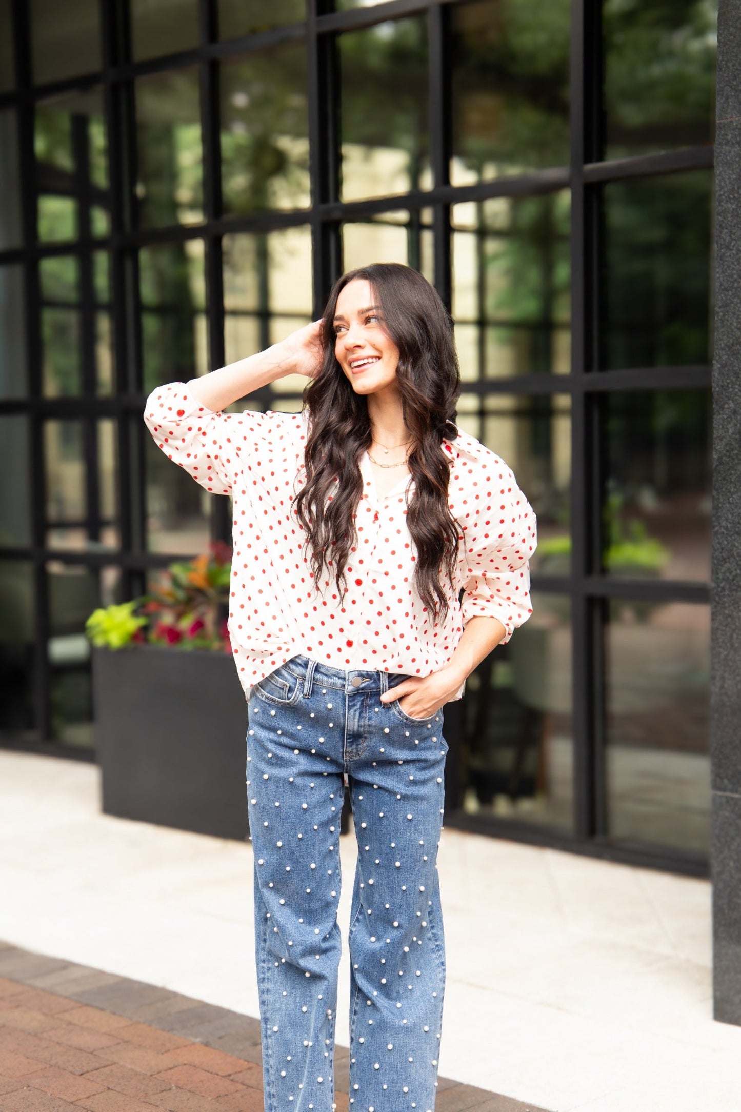 Kathryn Classic Button-Up, Red Polka-Dot