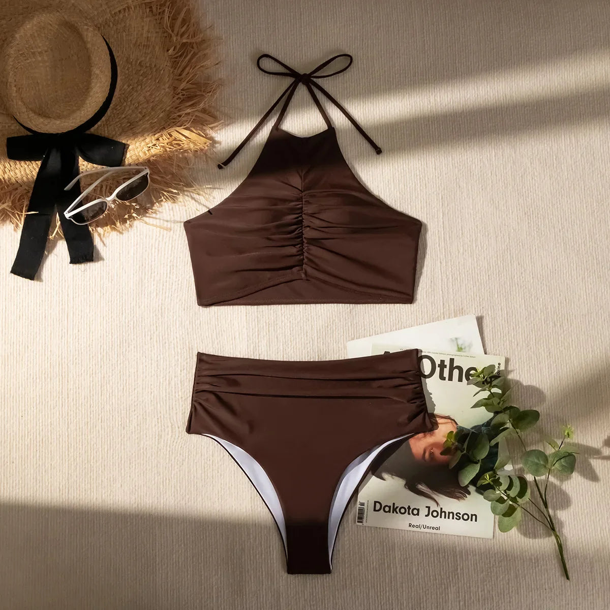 2026 Halter Wrinkled High Neck Swimsuit