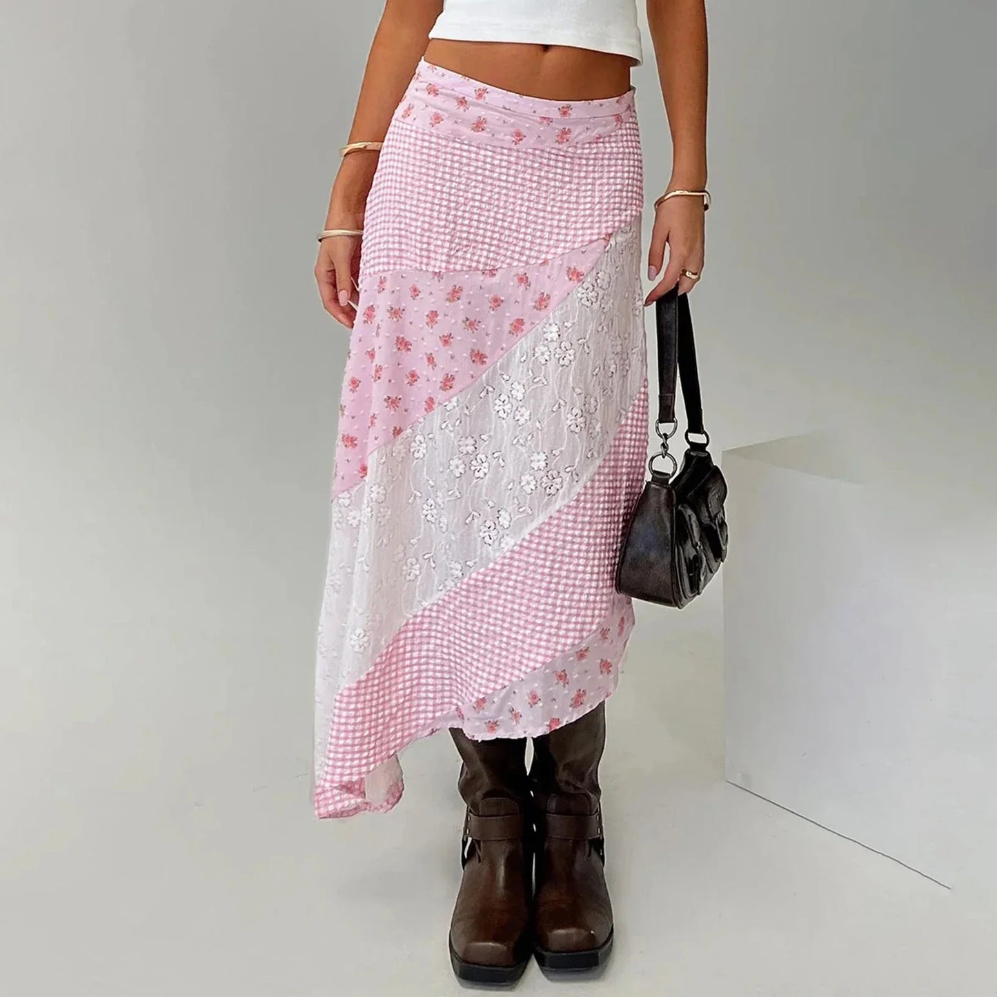 Lace Flowy Midi Skirt Vintage Low Waist