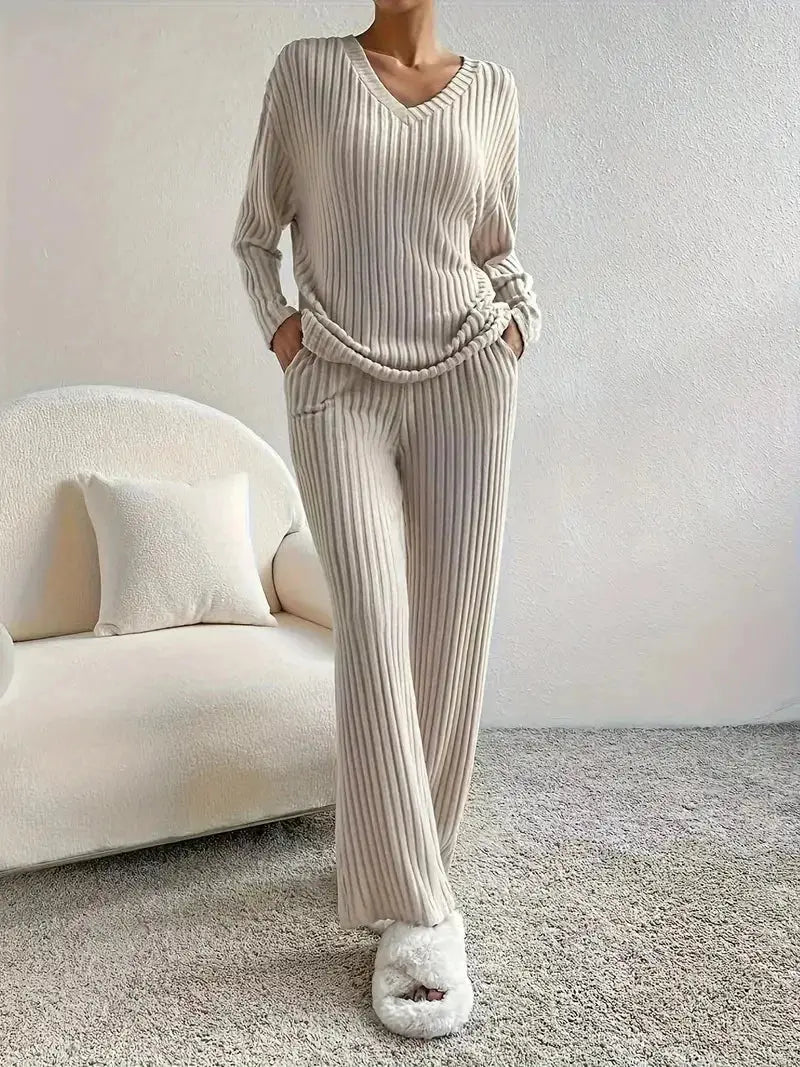 Ribbed Knit Set - V-Neck Sweater & Pants